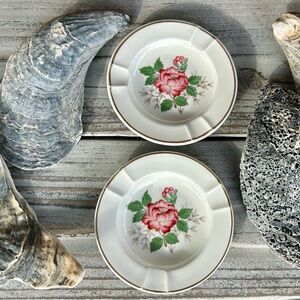 Set of 2 Vintage Wedgwood English Bone China Peony Floral Charnwood Ashtrays.